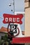 NEWPORT BEACH, CALIFORNIA - 24 AUG 2020: Drug RX sign on the Balboa Pharmacy Building int he popular beach town