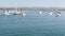 Newport beach harbor, weekend marina resort with yachts and sailboats, Pacific Coast, California, USA. Waterfront luxury suburb