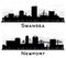 Newport and Swansea Wales City Skyline Silhouette Set with Black Buildings