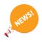 News announcement via megaphone vector illustration, flat cartoon bullhorn and news text in bubble speech isolated on