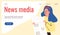 News media website banner with woman reads newspaper flat vector illustration.