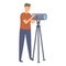 News production spotlight icon cartoon vector. Camera crew