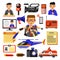 News vector icons of reporter, cameraman, newspaper radio and video camera