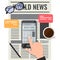 Newspaper online reading concept. Newspaper in smartphone with glasses, cup of coffee and pencil.