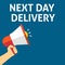 NEXT DAY DELIVERY Announcement. Hand Holding Megaphone With Speech Bubble