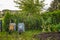 Next to a vegetable patch two wheelbarrows stand side by side in a garden