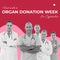 Next week is organ donation week text and smiling diverse male and female doctors, on red and pink