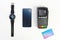 Nfc payment gadgets, technology - smartwatch, smartphone, credit card and transaction terminal
