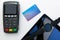Nfc payment gadgets, technology - smartwatch, smartphone, tablet, credit card and transaction terminal