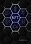 NFT non-fungible token concept on polygonal abstract background. Hexagon shapes pattern with icons and lighting lines on