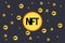 NFT nonfungible tokens infographics with gold isometric coins on dark background.