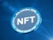 NFT text on blue metallic coin on blue rays lens flare background