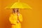 Ng happy emotional girl laughing  with umbrella   on colored yellow background