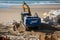 NGE Guintoli Excavator logo brand and text sign carries stones along a sandy beach