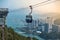 Ngong Ping Cable car with tourists over harbor, mountains and city background, to visit the Tian Tan or the Big Buddha located at