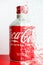 Nha Trang, Vietnam - march 2023. Coca Cola aluminium bottle. Creative red white still life of soda pop bottle