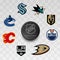 NHL. Pacific Division. Anaheim Ducks, Calgary Flames, Edmonton Oilers, Los Angeles Kings, San Jose Sharks, Seattle Kraken,