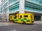 NHS ambulance arrives at UCL hospital, London, UK.