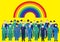 NHS hospital staff wearing face masks, standing below a rainbow