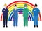 NHS hospital staff wearing face masks, standing in front of a rainbow