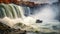 Niagara Falls, Ontario, Canada. Autumn scene of Niagara Falls, Horseshoe Fall, Niagara Gorge and boat in mist, Niagara Falls,
