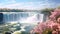 Niagara falls with pink cherry blossoms and blue sky in spring, Beautiful Spring Views of Niagara Falls, AI Generated