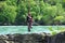 NIAGARA RIVER, ONTARIO, CANADA - JUNE 6, 2020 - Niagara River Rescue team in action airlifting a stranded teenager in Niagara Gorg