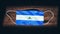 Nicaragua National Flag at medical, surgical, protection mask on black wooden background. Coronavirus Covidâ€“19, Prevent