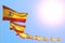 Nice any feast flag 3d illustration - many Spain flags placed diagonal with bokeh and empty space for text