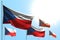 Nice any holiday flag 3d illustration - 5 flags of Czechia are waving on blue sky background