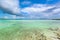Nice beautiful inviting view of turquoise tranquil ocean and blue sky background at Cayo Guillermo island, Cuba on sunny gorgeous