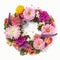 Nice beautiful pink purple wreath of colorful tropical flowers isolated on white