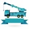 Nice blue big crane with hook and arm on white, construction machinery vehicle.