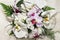 Nice bouquet of white and purple orchids. Orchidaceae.