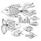 Nice cartoon monochrome fishes set. Vector image.