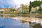 Nice cityscape and park fountain mirror view