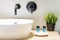 Nice contemporary design washbasin under black faucet and pine