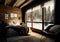 Nice cosy chalet interior of wooden bedroom overlooking winter forrest