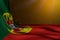 Nice day of flag 3d illustration - dark photo of Portugal flag lying flat in corner on yellow background with soft focus and