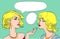 Nice drawn two talking blonde women in color. Vector pop art syle. Isolated eps 10