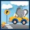 Nice elephant cartoon on car with a little duck in the road