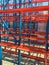 Nice fragment of view of colorful outdoor metal industrial rack, shipment stands shelfs equipment