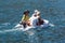 Nice , France - 7 august 2017 : small inflatable boat used to carry people from the beach to boats moored off the sea