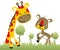 Nice giraffe with funny deer, vector cartoon illustration