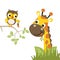 Nice giraffe with owl, vector cartoon illustration