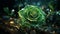 nice green colors, beautiful glass rose ,abstraction, space, black hole, background, AI generate