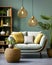 Nice green loveseat sofa with yellow pillows. Wooden bookcase near teal wall. Scandinavian interior design of modern stylish