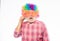 Nice joke. Elderly clown. Man senior bearded cheerful person wear colorful wig and sunglasses. Grandpa always fun