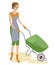 A nice lady in work clothes. The girl is driving a garden wheelbarrow. A woman works in the garden or in the garden. Vector