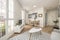 Nice living room with white exposed brick wall and large windows leading to the terrace of a penthouse in a vacation rental